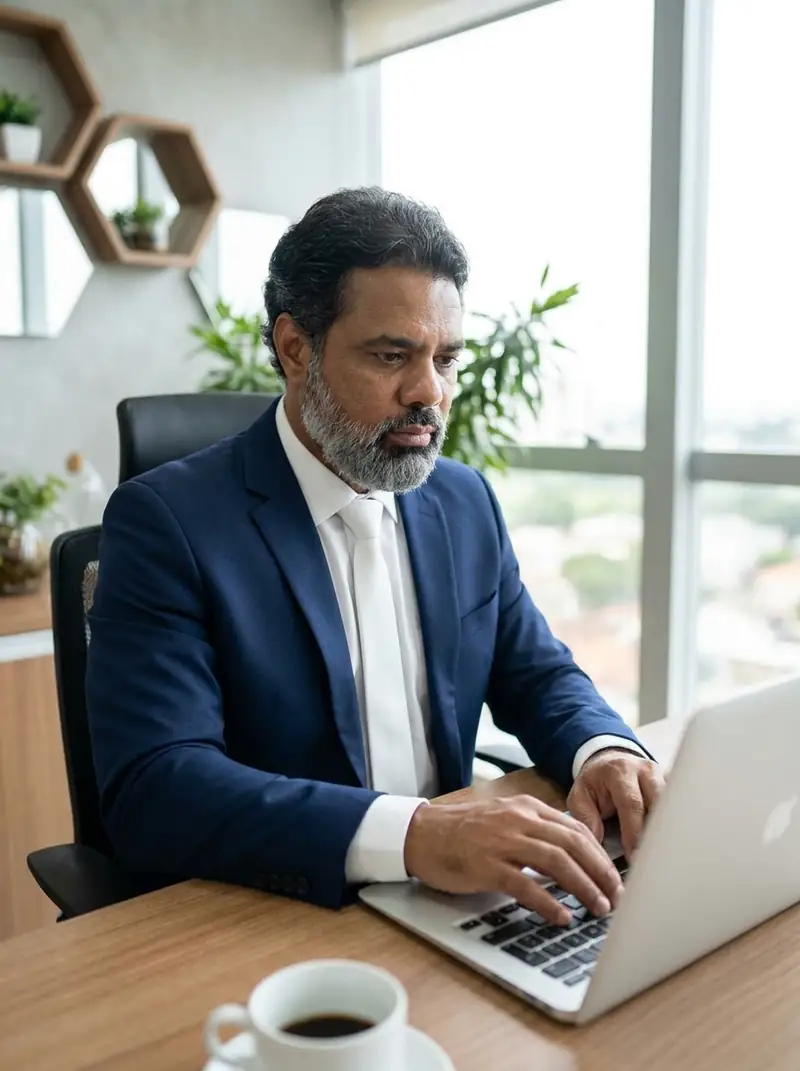 Luiz Lira Andrade no notebook, em um escritório com vista para a cidade