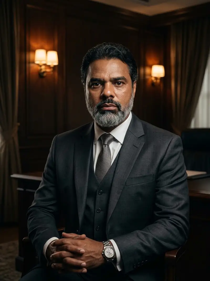 Retrato de Luiz Lira Andrade, de terno, em um escritório com paredes de madeira